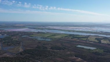 Tuz buharlaştırma havuzları, üzüm bağları, plaj Aigues Mortes, Camargue, Fransa