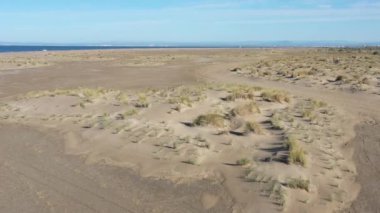 Camargue Espiguette 'te kumlu bir plajda hava uçuşu Espiguette Fransa bitki örtüsü Akdeniz kıyısı güneşli bir gün