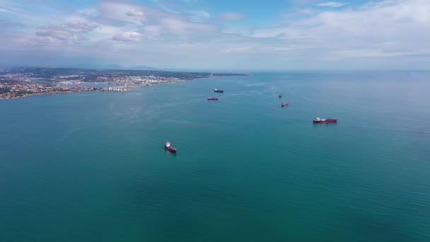 Πολλά Πετρελαιοφόρα Περιμένουν Μεσόγειο Θάλασσα Fos Sur Mer Γαλλία Εναέρια — Αρχείο Βίντεο