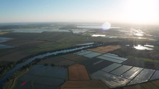 Luftaufnahme von Sonnenuntergang über einem Flussteich und überfluteten Reisfeldern Camargue Frankreich — Stockvideo