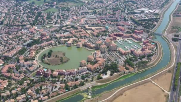 Lattes Port Ariane neighbourhood aerial shot marina leisure boats and buildings — 图库视频影像