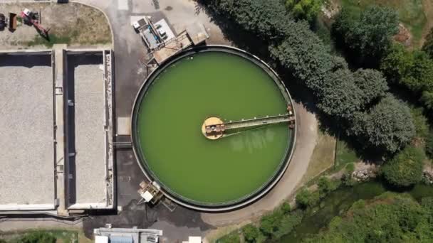 Water tank sewage treatment plant aerial top shot France sunny day — Stock Video