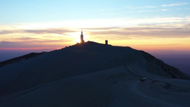 Aerial sunset over the Mont Ventoux storm pass The Bald Mountain windy area — Stock Video