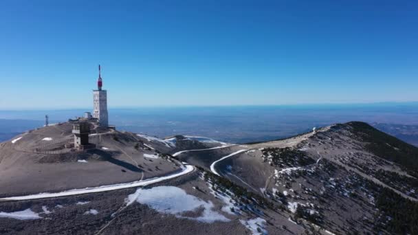 Summit of the Mont Ventoux aerial shot sunny day France Vaucluse weather station — Stock Video