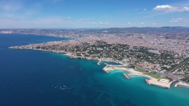 Marselha Dia Ensolarado Mar Azul Claro Praia Prado França — Vídeo de Stock