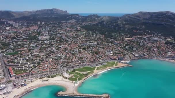 Marselha Vista Aérea Grande Praia Mar Mediterrâneo Parque Calanques — Vídeo de Stock