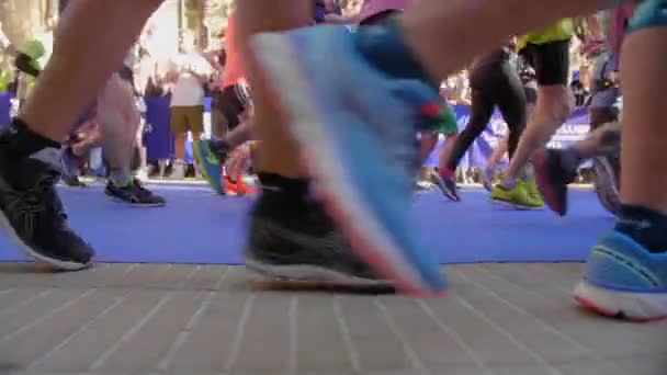 Côté vue rapprochée sur Marathon coureurs jambes et chaussures journée ensoleillée Montpellier — Video