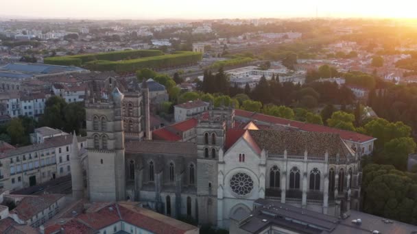 Καθεδρικός Ναός Montpellier Όμορφο Ηλιοβασίλεμα Εναέρια Γαλλία — Αρχείο Βίντεο
