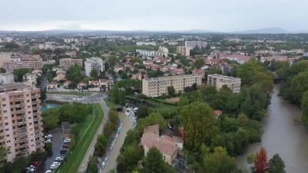 Montpellier Εναέρια Άποψη Les Aubes Γειτονιά Πλημμύρισε Lez Ποταμού Βαριά — Αρχείο Βίντεο
