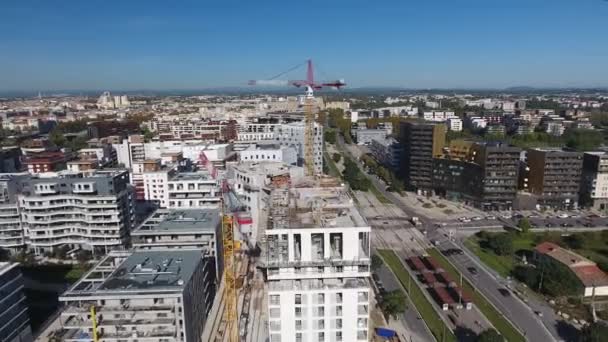 Staveniště Věžovými Jeřáby Montpellier Port Marianne Letecké Drone Shot — Stock video