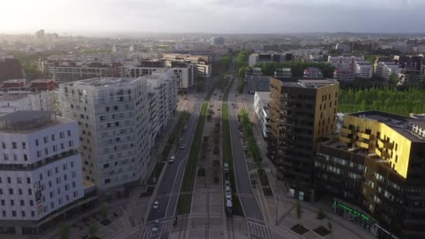 Tramway Port Marianne Durante Tramonto Drone Aereo Girato Montpellier Francia — Video Stock