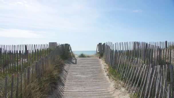 Sentiero per il Mar Mediterraneo fix colpo dune di sabbia vegetazione e recinzioni in legno — Video Stock