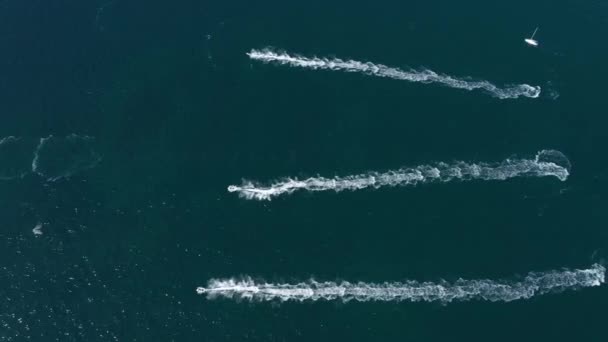 Jetski racing aerial top shot mediterranean sea beautiful patterns on the water — Stock Video