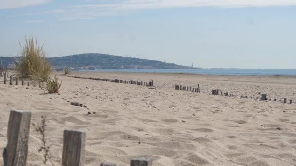 Spiaggia Sabbiosa Paesaggio Sete Recinzione Legno Mont Santo Clair Mar — Video Stock