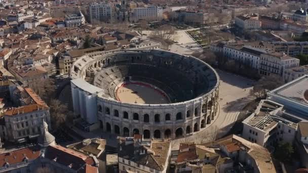 Légi Felvétel Repül Körül Arena Nimes Egy Római Amfiteátrum Télen — Stock videók