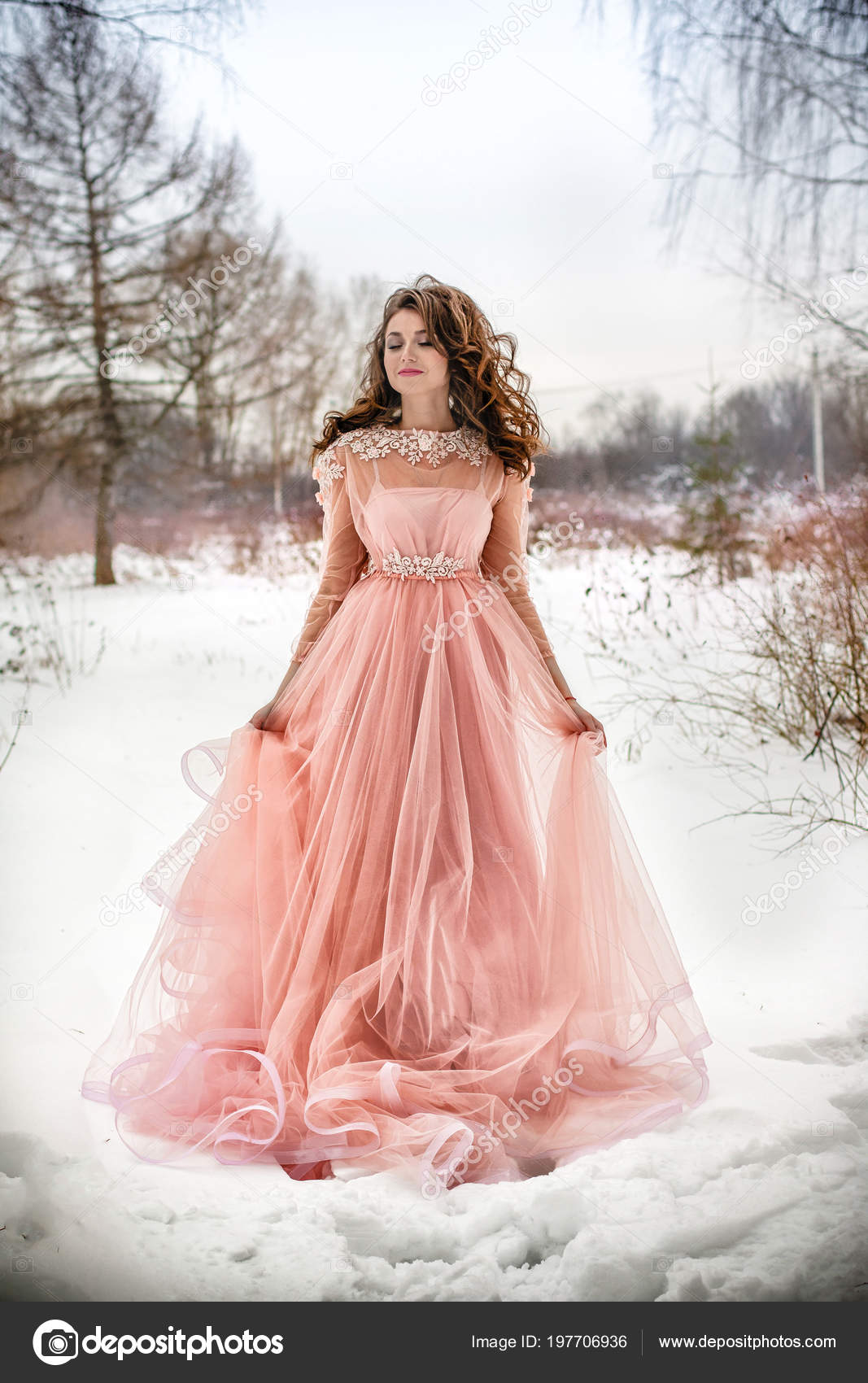 Girl Beautiful Pink Dress Winter Forest ...