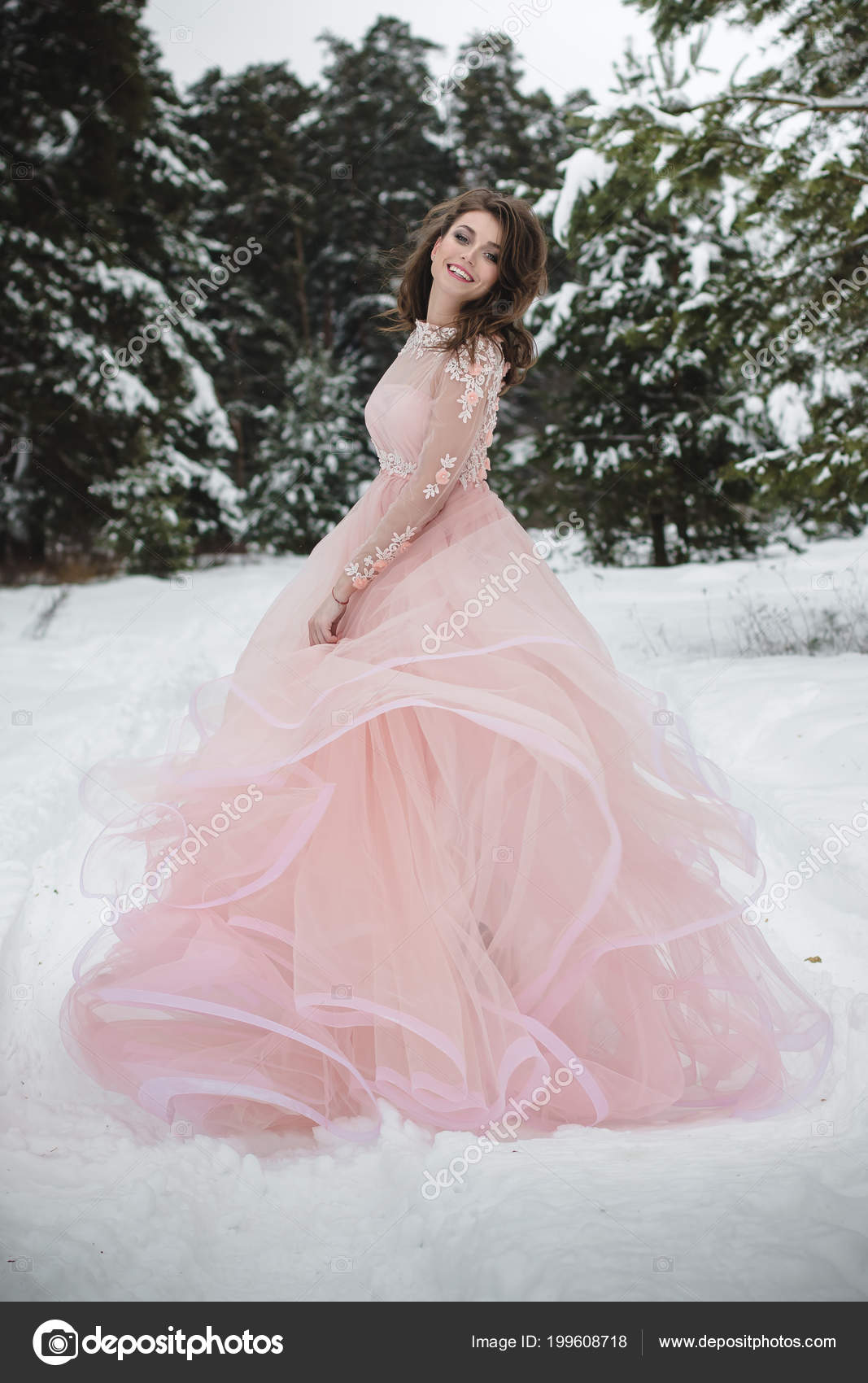 Girl Beautiful Pink Dress Winter Forest ...