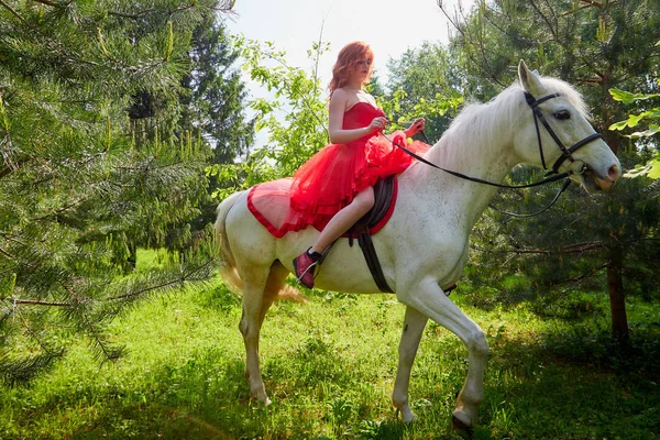 Girl in beautiful red dress on white horse in Park or forest. Ph