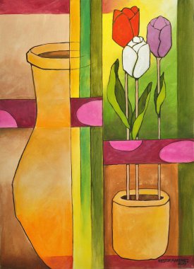 Akrilik resim. Çiçek temalı. Mecazi anlamda soyut. Geniş alanlar süngerle kaplıdır.