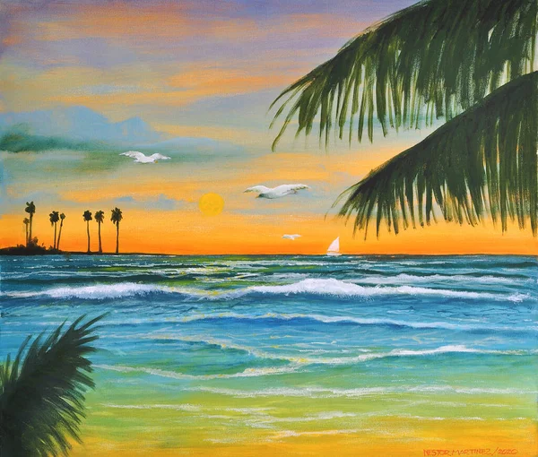 Pintura Acrílica Por Sol Oceano Com Ambiente Marinho — Fotografia de Stock