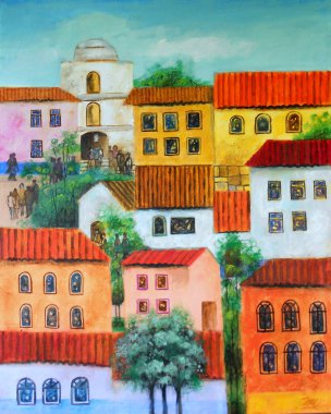 İnsanların Pazar ayinine gittiği İspanyol bir kasabanın görüntüsü..