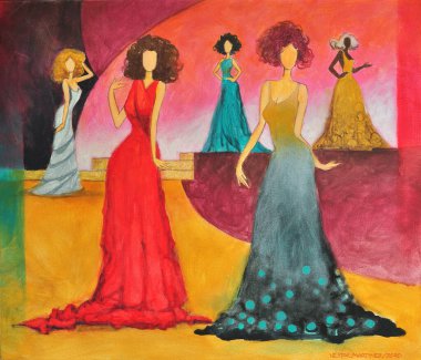 Akrilik resim, güzellik yarışmasında tören kostümü giyen 4 güzel kadını gösteriyor..