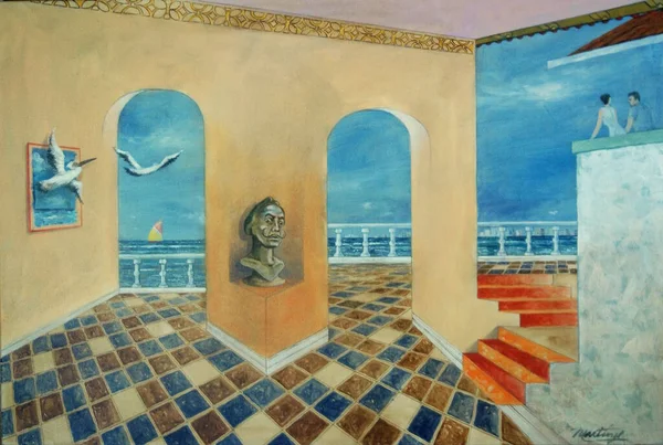 Surrealist painting in acrylic. View of the sea from an interior space in which the plans are out of reality.