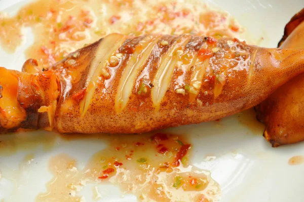 Жареный соус кальмара на белой тарелке — стоковое фото