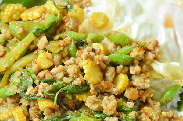 Spicy stir fried minced pork with basil leaf topping egg on rice in white foam box packing — Stock Photo, Image