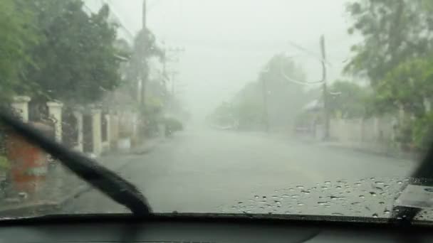 Hard Rain Falling Car Windshield Wipe Out — Stock Video