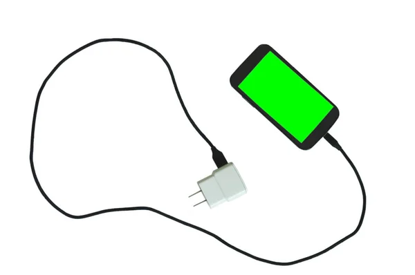 Zelená Obrazovka Mobilní Telefon Pobodání Dobíjecí Baterie Kabelem Černé Textilie — Stock fotografie