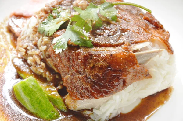 Daging bebek panggang topping nasi saus manis dan jahe acar di piring — Stok Foto