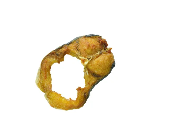 fried salty striped catfish slice on white background