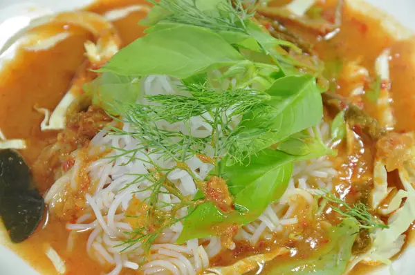 Thai Rijst Noedels Dressing Met Verse Groente Curry Plaat — Stockfoto