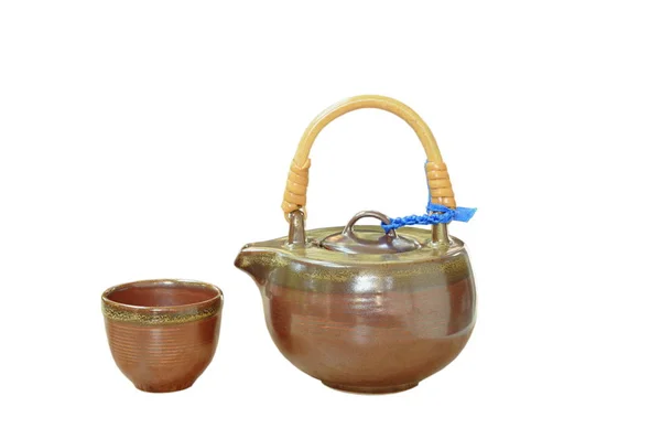 Pottery Tea Pot Glass White Background — Stock Photo, Image