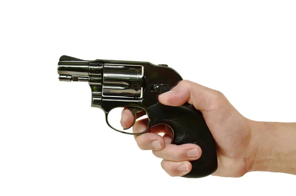 手拿着左轮手枪枪和手指上的扳机准备拍摄在白色的背景 — 图库照片