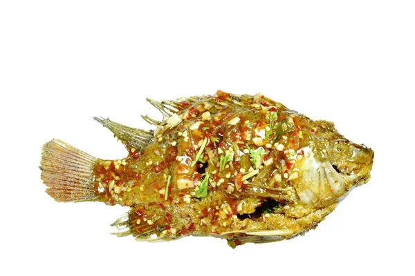 Βαθιά Τηγανητό Μάνγκο Ψάρια Σάλτσα Γλυκιά Σάλτσα Τσίλι Λευκό Φόντο — Φωτογραφία Αρχείου
