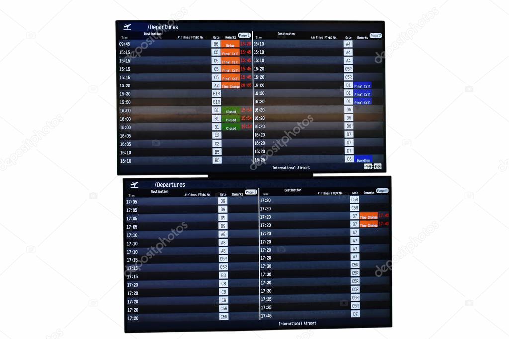 timetable showing and informed flight status in airport on white background