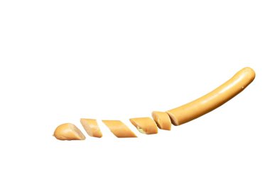 beyaz arka plan üzerinde uzun domuz sosis dolması peynir ve jambon dilimleme