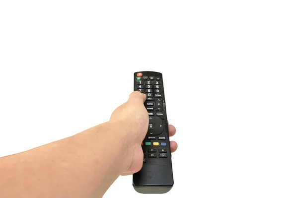 hand holding television remote control on white background