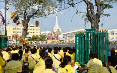 Sanam Luang'da kral Rama 10'un taç giyme töreninde majestelerini karşılamayı bekleyen insanlar