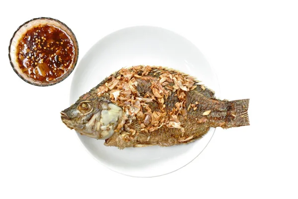 Těsto Smažený Mango Ryby Oplácet Česnek Talíř Odlítnout Sladkou Tamarindu — Stock fotografie