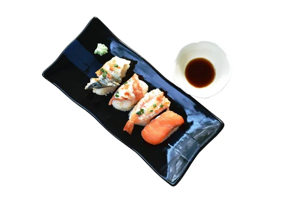 Variedad Sushi Comida Japonesa Con Wasabi Sumergiendo Salsa Soja Plato — Foto de Stock