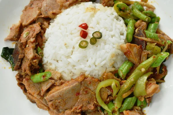 Bumbu goreng kari daging bebek pada nasi di piring — Stok Foto