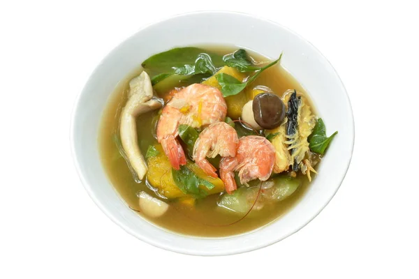 Boiled spicy mixed vegetable with shrimp and smoked dry fish soup on bowl — Stock Image Boiled Spicy Mixed Vegetable Shrimp Smoked Dry Fish Soup Bowl Stock Image