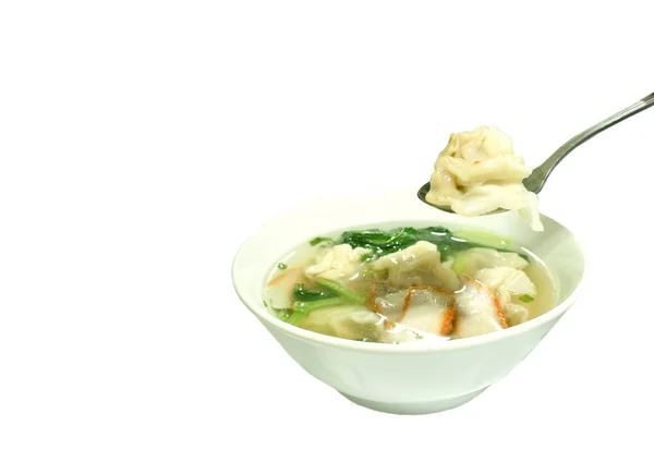 Chinese Dumpling Stuffed Shrimp Minced Pork Clear Soup Scooping Silver — Stock Photo, Image