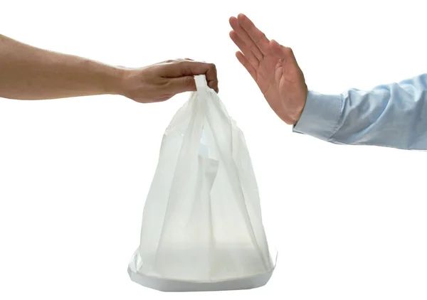 Mâna Consumatorului Afaceri Primesc Personal Pungă Plastic Vânzător Fundal Alb — Fotografie, imagine de stoc
