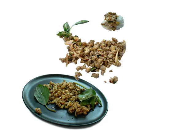 Tailandês Picante Picado Porco Salada Comer Casal Com Arroz Pegajoso — Fotografia de Stock