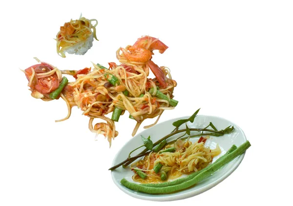 Somtum Thai Spicy Green Papaya Sallad Med Klibbigt Ris Flyter — Stockfoto