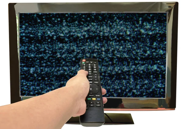 白い背景でテレビ画面で信号の不具合を検索するための手押しテレビリモコン — ストック写真